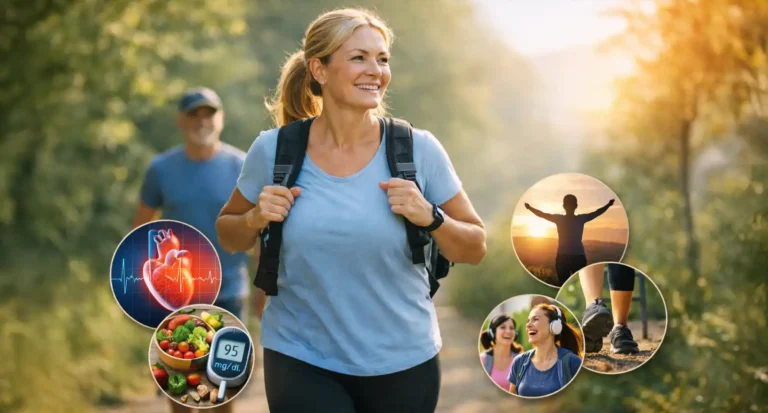 Donna che cammina su un sentiero immerso nella natura durante una passeggiata mattutina, simbolo dei benefici della camminata quotidiana per salute e benessere.