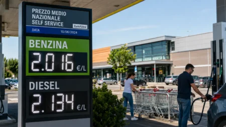 Cartello dei prezzi di benzina e diesel davanti a un supermercato con automobilista al distributore e persona con carrello