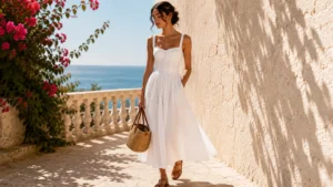 Donna con vestito a corsetto bianco, leggero ed elegante, ideale per i look dell’estate 2026.