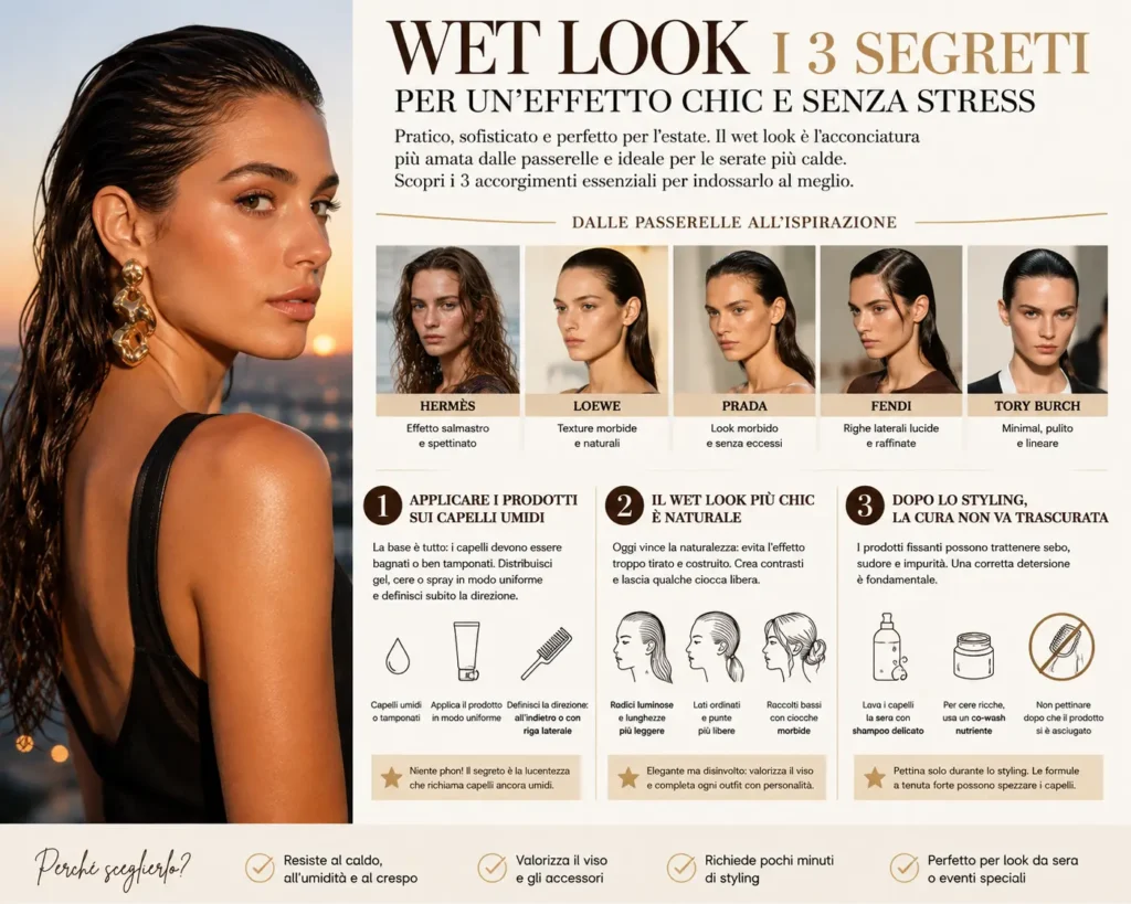 Infografica wet look capelli con 3 consigli per ottenere un effetto bagnato elegante e naturale