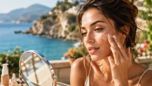Donna applica una crema colorata per una base trucco estiva leggera e naturale