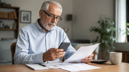 Pensionato controlla il cedolino INPS della pensione