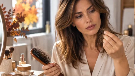 Donna di circa 40 anni osserva i capelli caduti sulla spazzola in autunno