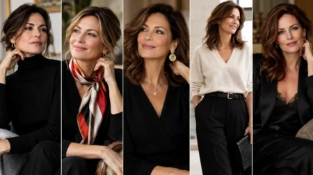 Come indossare il nero dopo i 50 anni senza spegnere il viso Donne over 50 con outfit neri abbinati a foulard, gioielli e capi chiari per illuminare il viso