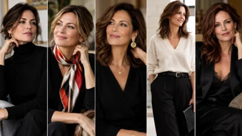 Come indossare il nero dopo i 50 anni senza spegnere il viso Donne over 50 con outfit neri abbinati a foulard, gioielli e capi chiari per illuminare il viso