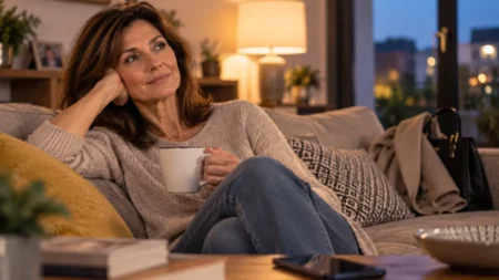 Quando dopo i 50 anni la sera ci si siede sul divano e spesso diventa sempre più difficile uscire Donna over 50 seduta sul divano la sera con poca voglia di uscire