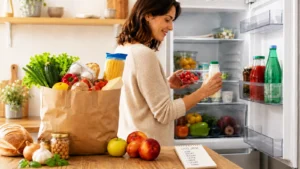 Donna riempie il frigorifero con la spesa dopo le vacanze