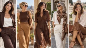Donne over 40 con outfit marroni eleganti in diverse tonalità