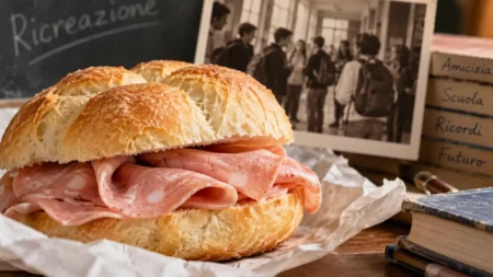 Il ragù, il pane, una fetta di mortadella: perché certi sapori restano nella memoria per tutta la vita Rosetta con mortadella appoggiata su un tavolo accanto a libri scolastici e a una foto che richiama i ricordi del liceo