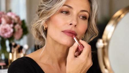 Donna over 50 applica un rossetto opaco rosato davanti allo specchio