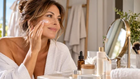 Skincare dopo l’estate, come cambiare la routine quando sole e mare hanno lasciato la pelle più secca Donna di circa 45 anni in accappatoio mentre applica una crema viso nella skincare di settembre