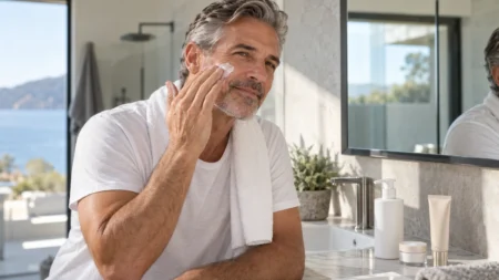 Skincare uomo dopo i 50 anni con crema viso e pochi prodotti essenziali