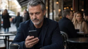 Solitudine dopo i 50 anni, perché avere molti conoscenti non significa avere qualcuno da chiamare Uomo dopo i 50 anni guarda lo smartphone seduto da solo al bar