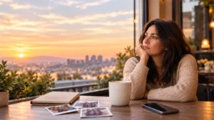 Donna pensierosa al tavolo mentre guarda vecchie foto di amicizie