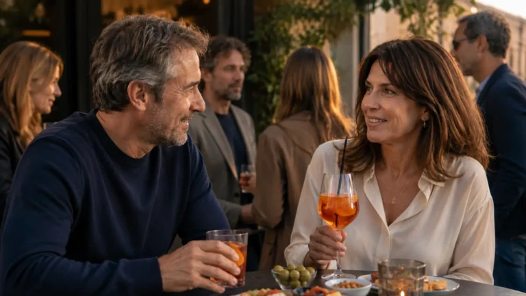 Fare nuove amicizie dopo i 50 anni, i nuovi rapporti nascono dove torniamo più volte Uomo e donna di circa 50 anni conversano durante un aperitivo
