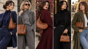 Mosaico di look autunnali con modelle diverse e borsa color cuoio