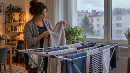 Il bucato non asciuga in casa, ecco dove mettere lo stendino e come ridurre l’umidità Donna controlla il bucato ancora umido su uno stendino sistemato vicino alla finestra di casa