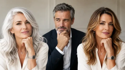 Capelli bianchi per scelta, perché lui sembra affascinante e lei più vecchia Donna di circa 50 anni con capelli bianchi e la stessa donna con capelli castani, affiancate da un uomo brizzolato in posa pensierosa