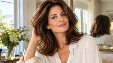 Come dare volume ai capelli fini dopo i 40 anni con asciugatura, prodotti leggeri e taglio Donna di circa 45 anni con capelli castani voluminosi alle radici e piega morbida