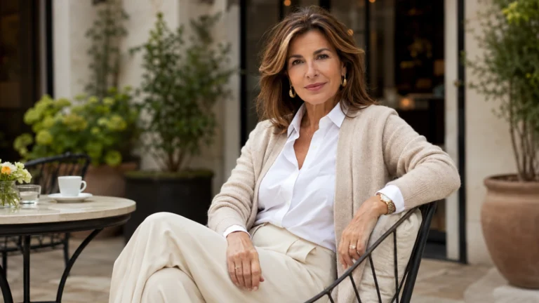 Come vestirsi dopo i 50 anni senza sembrare troppo classiche e senza rinunciare alla comodità. Donna di circa 50 anni con camicia bianca, cardigan beige e pantaloni chiari