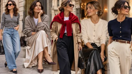Come indossare il cardigan in modo moderno senza commettere errori di stile Donna over 40 con cardigan elegante abbinato a jeans, gonna satinata e pantaloni sartoriali