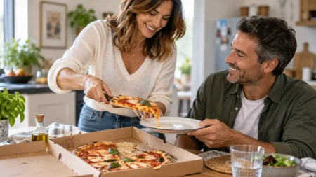 Donna serve una fetta di pizza mentre il cartone resta aperto sul tavolo