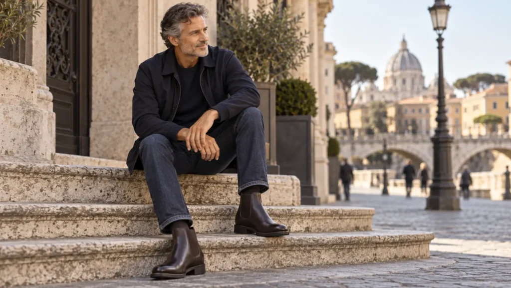 Uomo di 50 anni con Chelsea boot marroni e jeans scuri Fashion Uomo di 50 anni con Chelsea boot marroni e jeans scuri