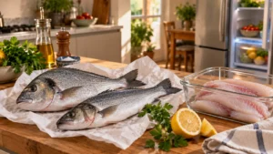 Orata e spigola fresche intere con filetti pronti da conservare in frigorifero