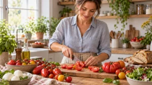 Una donna prepara pomodori di varietà diverse, tra datterini, ciliegini e pomodori costoluti, con mozzarella di bufala, pane casareccio e insalata sul piano cucina. La scena richiama le diverse modalità di conservazione in base a maturazione e utilizzo.