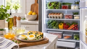 Uova conservate nella confezione originale all’interno del frigorifero con frittata e uova sode sul piano cucina