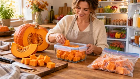 Donna prepara e porziona la zucca tagliata in cucina tra contenitore per il frigorifero e sacchetto per il congelatore