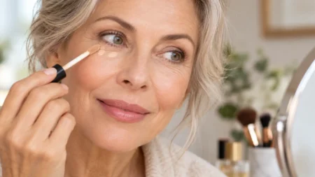 Donna over 50 applica il correttore sulle occhiaie per illuminare il contorno occhi