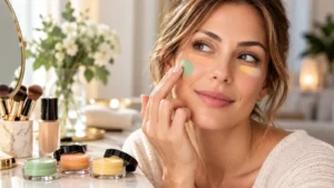 Come usare i correttori colorati per attenuare rossori, occhiaie e macchie del viso Donna applica correttori colorati verde, arancione e giallo sul viso