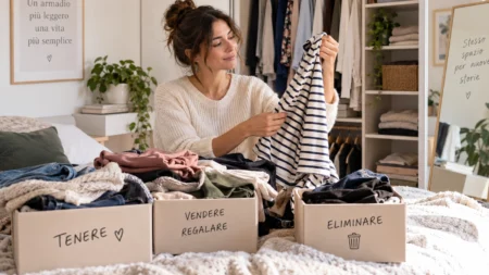 Decluttering dell’armadio, perché alcuni vestiti sono così difficili da lasciare andare e come capire cosa tenere Donna seleziona i vestiti durante il decluttering dell’armadio
