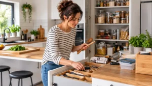 Donna riordina utensili e contenitori durante il decluttering della cucina