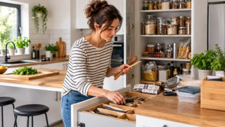 Decluttering della cucina, cosa eliminare davvero da cassetti e dispensa Donna riordina utensili e contenitori durante il decluttering della cucina