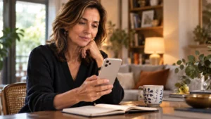 Donna adulta osserva lo smartphone durante una pausa a casa