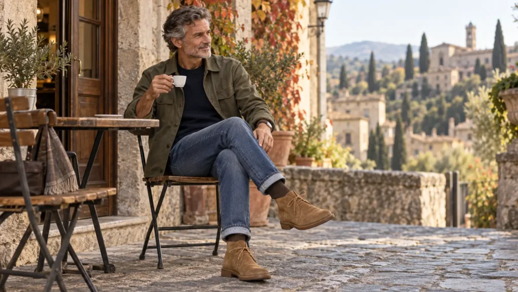 Uomo di 50 anni con desert boot in suede e jeans Fashion Uomo di 50 anni con desert boot in suede e jeans
