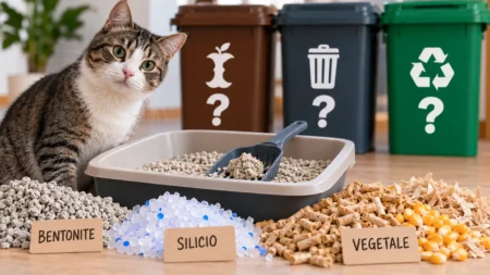 Gatto accanto alla lettiera con bentonite, cristalli di silicio e materiale vegetale per il corretto smaltimento.