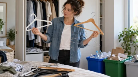 Donna davanti all’armadio confronta grucce di plastica, legno e metallo durante il riordino