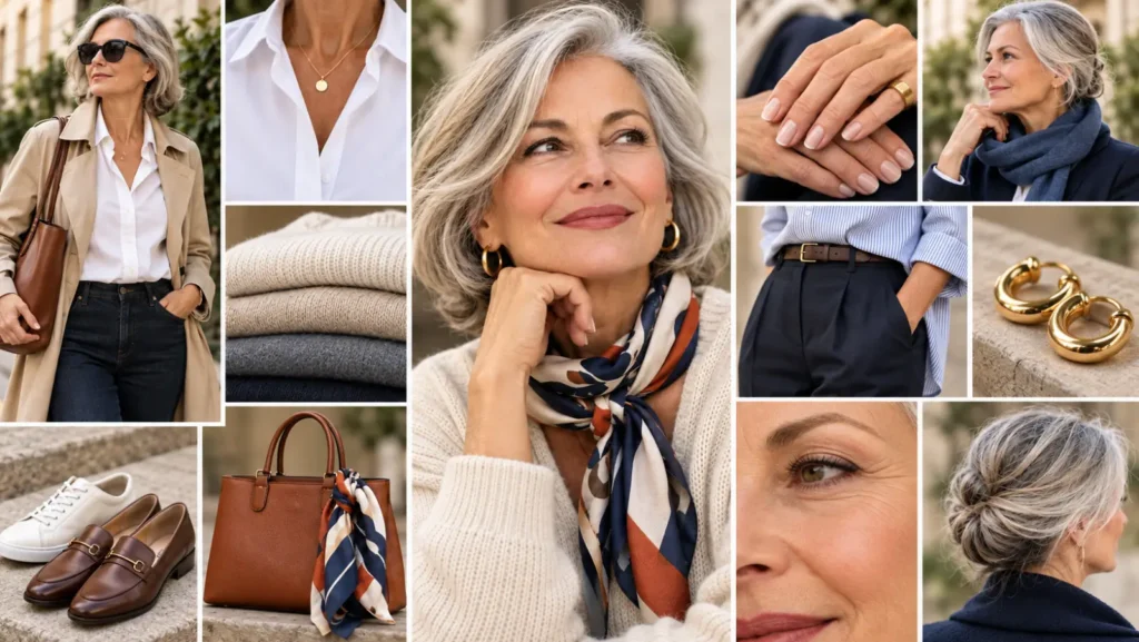 Donna elegante dopo i 60 anni con outfit raffinati, accessori, foulard, borsa e scarpe in un mosaico moda Fashion Donna elegante dopo i 60 anni con outfit raffinati, accessori, foulard, borsa e scarpe in un mosaico moda