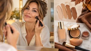 Donna applica il fondotinta davanti allo specchio con diverse tonalità e texture