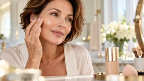 Fondotinta, come illuminare il viso delle cinquantenni senza evidenziare le linee delle rughe Donna over 50 applica il fondotinta sul viso davanti allo specchio per ottenere una base naturale e luminosa.