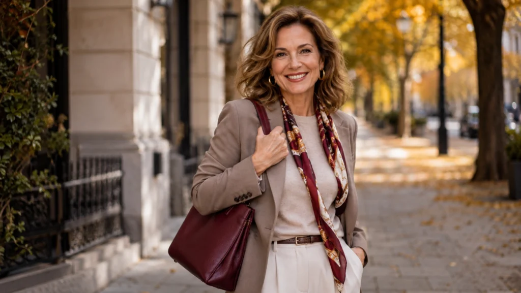 Donna di circa 50 anni con blazer beige, foulard burgundy e borsa coordinata