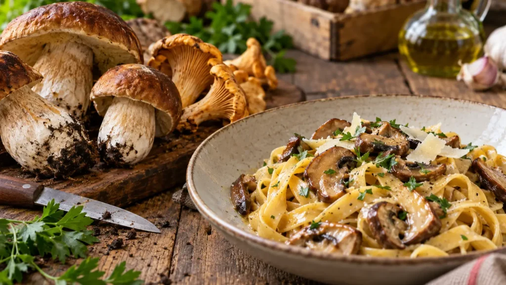 Funghi porcini freschi su un tagliere di legno pronti per essere puliti e cucinati