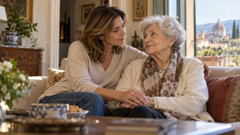 Quando i genitori invecchiano, perché tanti figli si sentono in colpa se non riescono a esserci sempre Figlia adulta accanto alla madre anziana in casa, in un momento di vicinanza e sostegno familiare