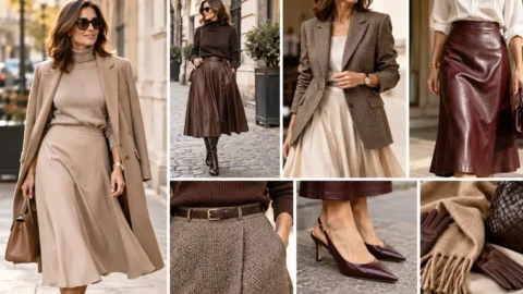 Come indossare la gonna midi dopo i 40 anni, i trucchi di stile che slanciano la silhouette Mosaico moda con outfit autunnali da donna con gonna midi, blazer, stivali e scarpe eleganti