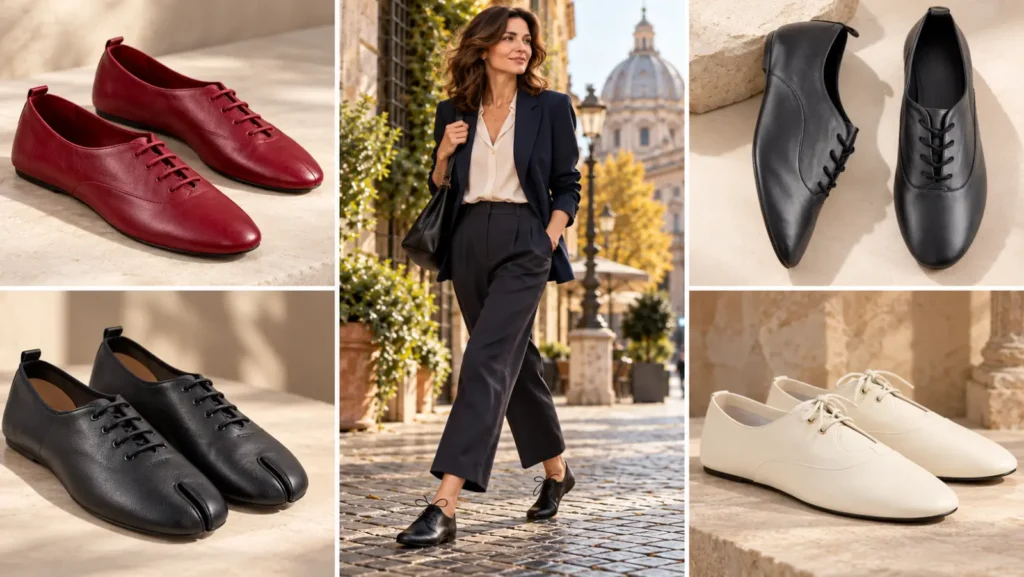 Donna con jazz shoes nere al centro di un mosaico con modelli bordeaux, neri, Tabi e color panna