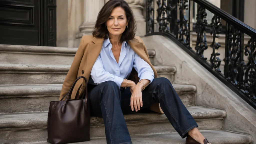 Donna di circa 50 anni con jeans scuri, camicia azzurra e blazer cammello