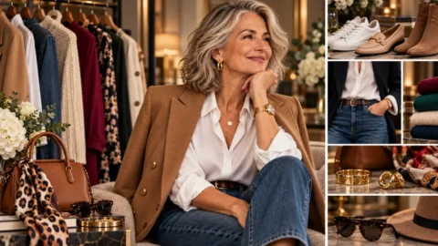 Cosa cambia davvero nel guardaroba dopo i 60 anni Donna over 60 con blazer, camicia bianca e jeans accanto a capi, scarpe e accessori eleganti.